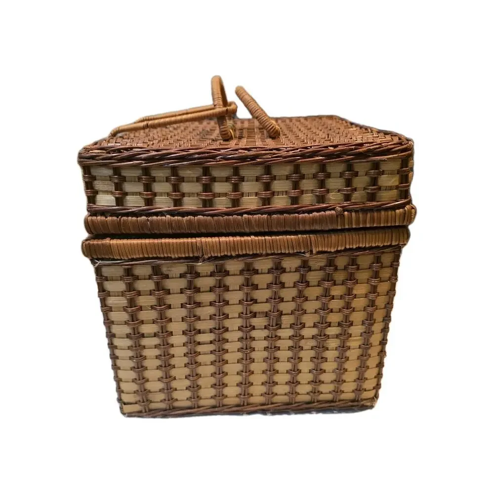 Vintage Wicker Picnic Basket w Lid Handles Red Gingham Liner 2 Woven Plates 12